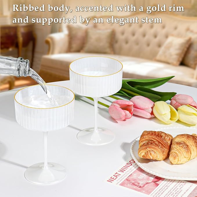 24 PCS Champagne Martini Glasses Pearl White 10 oz Espresso Martini Glasses Gold Rim Disposable Plastic Ribbed Coupe Glasses Vintage Cocktail Glass Champagne Coupe Cup For Wedding Anniversary