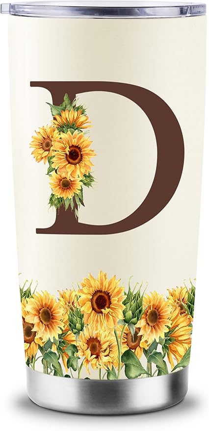 Sunflower Gifts for Women - Personalized Christmas Gifts for Women - Birthday Gift for Woman - Mothers Day Gift for Mom - Monogrammed, Initial 20oz Travel Cup Insulated Tumbler with Lid, D
