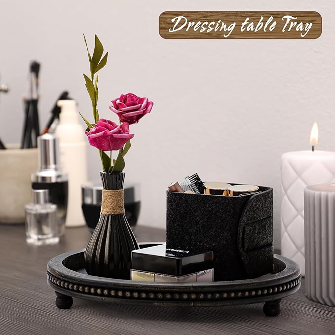 KULEDM Wooden Tray Decor, Small Beaded Coffee Table Tray Decor, Black Round Decorative Tray for Coffee Table, Dining Room Table Entryway and Living Room Table
