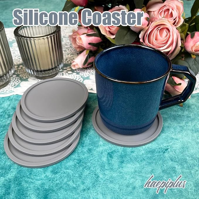 6 Pieces Silicone Coasters, Cup Coasters for Drinks, Heat Resistant Glass Cushion, Coffee Coaster for Table, Desk, Kitchen, Office, Bar Furniture Protection, Hot Cup Mat (Grey)