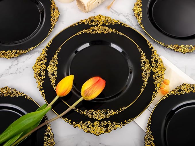 102PCS Black and Gold Plastic Plates - Black Disposable Plates - Heavyweight Disposable Plate with Gold Rim - Fancy Dinner & Dessert Plate for 51 Guests Weddings & Party