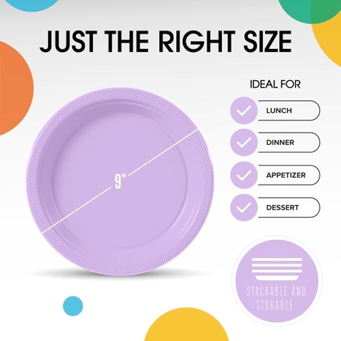 Lavender Plastic Plates For Party 9" Lavender Disposable Plates Heavy Duty 100 Pcs Plastic Dinnerware Sets Heavy Duty 350 GSM Disposable Dinnerware Set