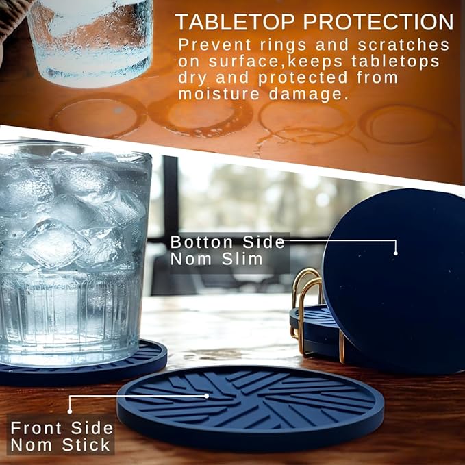 Coasters Set of 6 - Non-Slip Table Coasters for Drinks, Mugs, Glasses, Cups, Bottles - Round Pads with Stylish Groove Patterns & Gold Holder Stand - 4", 0.23" (Navy Blue)