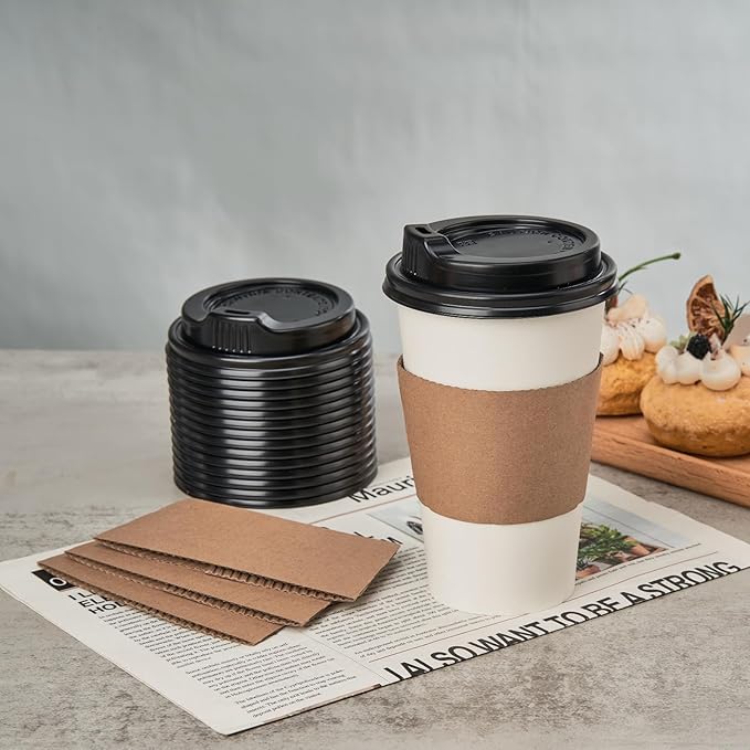RACETOP 100 Pack Disposable Paper Coffee Cups with Lids & Sleeves, 16 oz, for Party, Church, Travel and Home