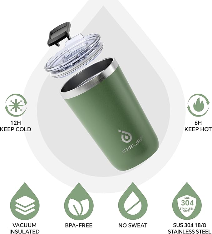 Ideus 20 oz Tumbler, Travel Coffee Mug with Splash Proof Sliding Lid, Double Wall Stainless Steel Vacuum Insulated Coffee Mug for Home and Office, Keep Beverages Hot or Cold, Avocado Green