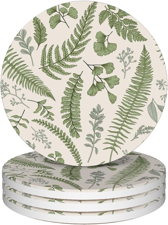 Drink Coasters Set of 4,Botanical Leaves and Plants Vintage Coasters for Drinks Ceramic Coasters with Cork Bottom for Kinds of Mugs and Cups,Home Decor,4''