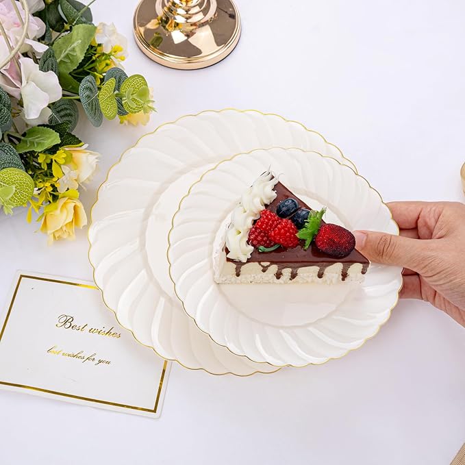 U-QE 100 Piece Ivory Scalloped Plastic Plates for Party with Gold Rim - Plastic Party Plates Disposable Heavy Duty - High End Disposable Plates Include 50pcs Dinner Plates 9"&50pcs Dessert Plates 6.5"