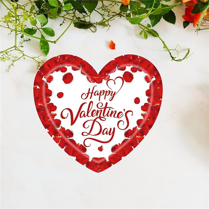 20 Pieces Happy Valentine's Day Paper Plates, 7" Disposable Rose Love Heart Paper Plates Dessert Dinner Plate, Weddings Anniversary Valentine's Day Party Supplies
