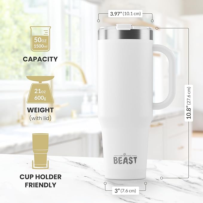 Beast 50 oz Tumbler with Handle Stainless Steel Vacuum Insulated Coffee Ice Cup Double Wall Travel Flask (Arctic White)