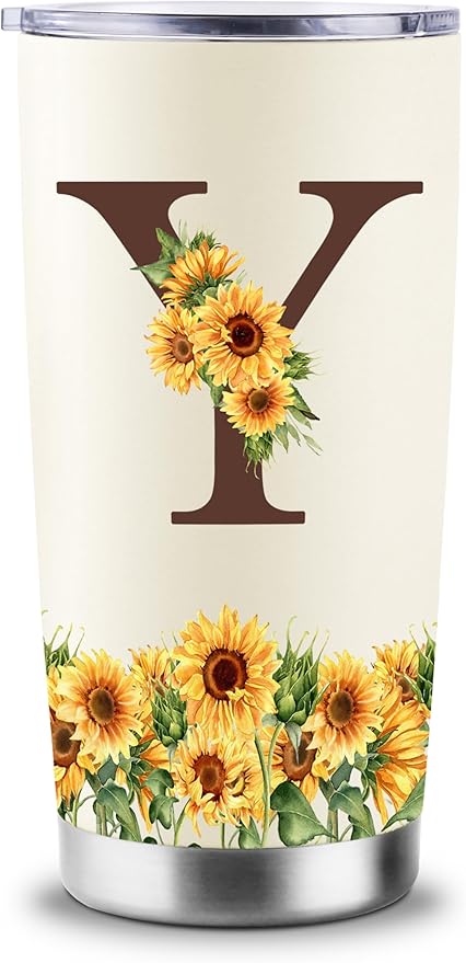 Sunflower Gifts for Women - Personalized Christmas Gifts for Women - Birthday Gift for Woman - Mothers Day Gift for Mom - Monogrammed, Initial 20oz Travel Cup Insulated Tumbler with Lid, Y