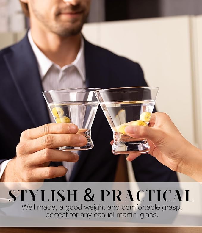 LUNA & MANTHA Martini Glasses Set of 2, Stemless Martini Cocktail Glasses for Margarita, Manhattan, Cosmopolitan, Home Bar, Evening Parties, Birthdays, Housewarming Gift, Crystal Clear 8 OZ