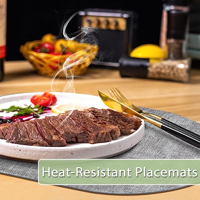 Placemats Set of 12 Washable, Heat Resistant Table Placemats Wipeable Faux Leather Oval Place Mats Non Slip, Waterproof Oval Table Mats for Indoor Outdoor, Gray