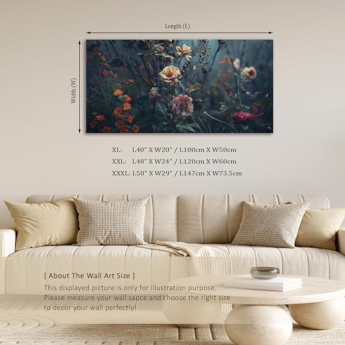 ADJUVANT Wall Art Impressionist Floral 48"L x 24"W, Dark Toned Blossoms With Lush Foliage Canvas Painting Enchanting Flowers Artwork Prints Floral Wall Decor for Living Room Bedroom Study Home Office