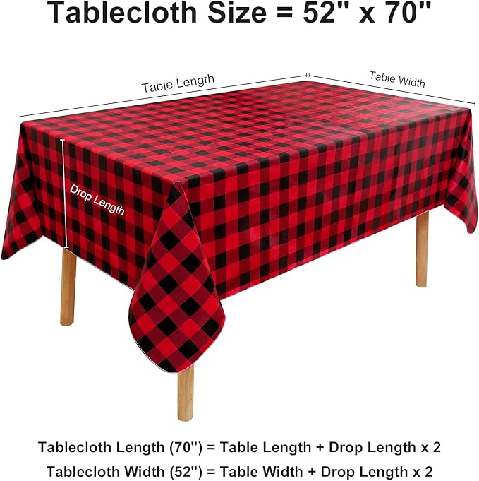 misaya Rectangle Waterproof Vinyl Table Cloth, Buffalo Flannel Backed Tablecloth, Wipeable Plastic Table Cover for Christmas (52" x 70", Red and Black)