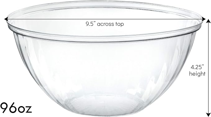 PLASTICPRO Disposable 96 Ounce Round Crystal Clear Plastic Serving Bowls, Party Snack or Salad Bowl, Chip Bowls, Snack Bowls, Candy Dish, Salad Container Pack of 4