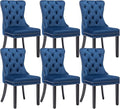 KCC Velvet Dining Chairs Set of 6, Upholstered High-end Tufted Dining Room Chair with Nailhead Back Ring Pull Trim Solid Wood Legs, Nikki Collection Modern Style for Kitchen, Blue