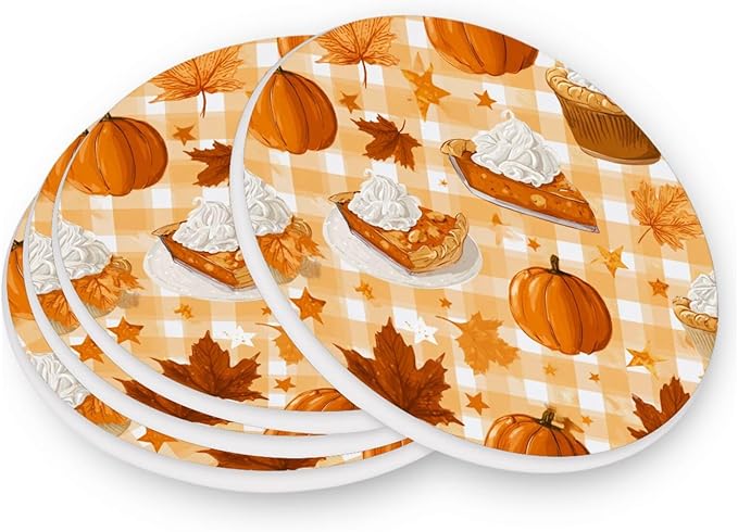 Coasters for Drinks Coaster Drink Set Decorative Coffee Table Desk Cup Mat Spring Cute Cork Bar Backing Round Home Decor Thanksgiving Pumpkin Cakes Yellow36