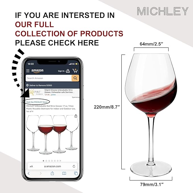 MICHLEY Unbreakable Red Wine Glasses 17 oz, Tritan Plastic Reusable Stemware for Indoor and Outdoor Use, Set of 6