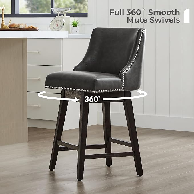 CHITA Counter Height Swivel Bar Stools Set of 3, FSC Certified Upholstered Counter Stools, Modern Swivel Barstools with Wood Legs for Kitchen Island, 26" Seat Height, Faux Leather in Retro Grey