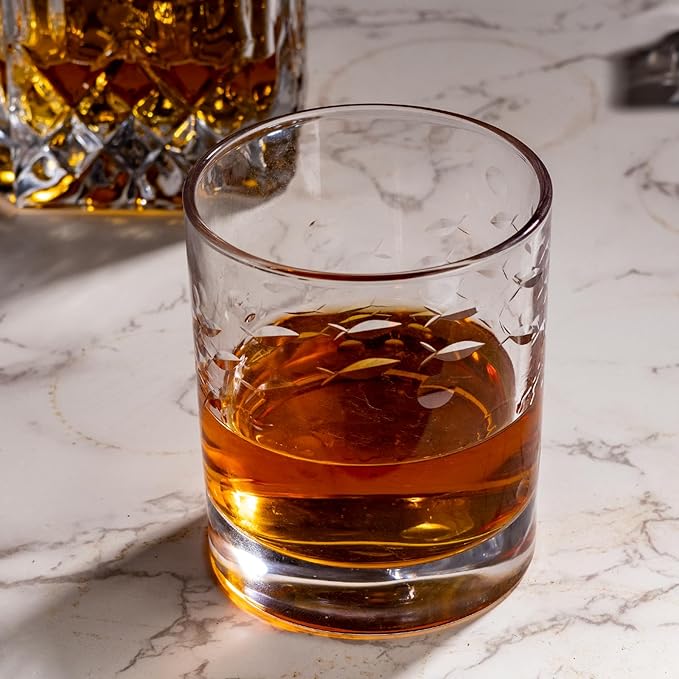 SHOSHIN Premium Hand Cut Whiskey Glasses (13 OZ, Set of 4) - Handmade Double Old Fashioned Scotch Glasses - Gift for Bourbon Lovers - Style Glassware for Rum - Fish Pattern set of 4
