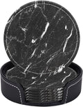 Coasters for Drinks PU Leather,Set of 6 with Holder,Round Housewarming Gift Home Decor,Black and White Marble