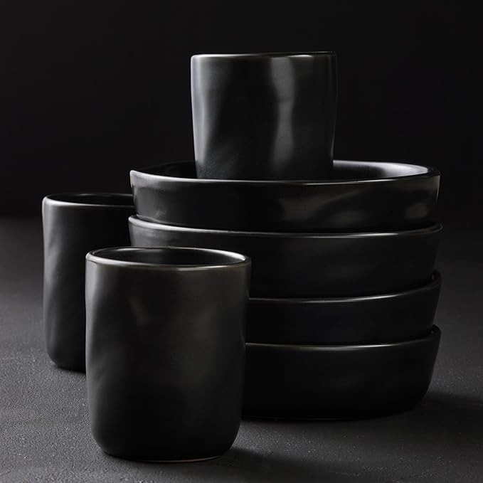 Stone by Mercer Project HEKONDA Modern Stoneware 32-Piece Dinnerware Set, Plate and Bowl Set, Dish Set for 8, Black