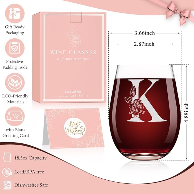 Valentines Day Gifts for Her, Gifts for Women Her Friend Mom Grandma Wife Sister Bridesmaid Nurse, Birthday Galentines Mothers Day Christmas, Personalized Initial Customized Wine Glasses 18OZ(K)
