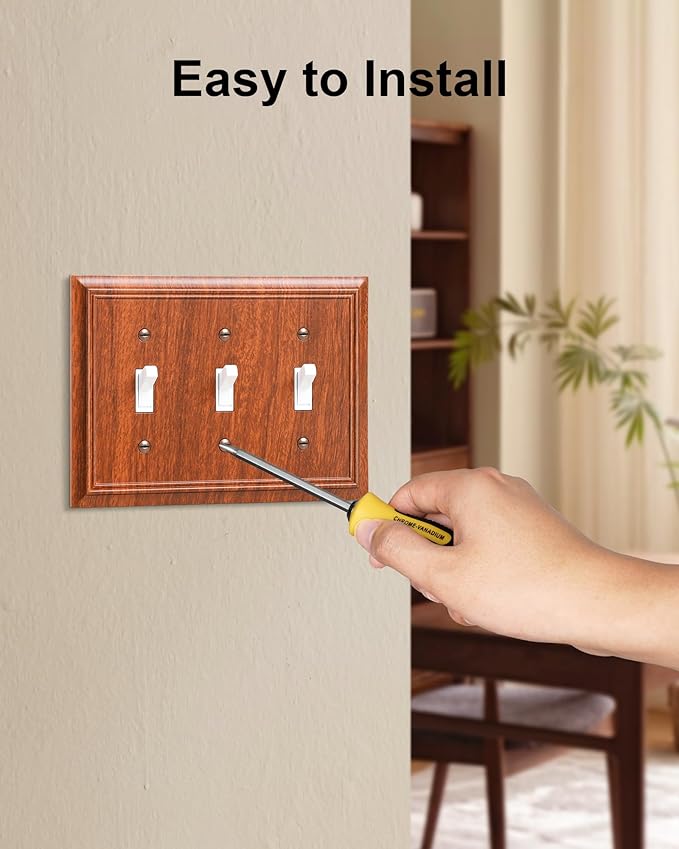 2-Pack Triple Toggle Light Switch Cover Plate, Durable Natural Bamboo Fiber Decorative Switch Plate Covers, Wood Grain 3 Gang Wall Plate, Corrosion Resistant