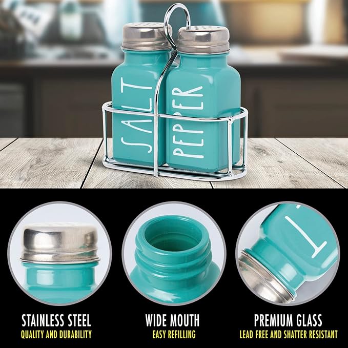 Turquoise Salt and Pepper Shakers Set, a cute teal premium glass shakers with holder and stainless steel lids, perfect for adding a modern kitchen decor charm, great as a gift.