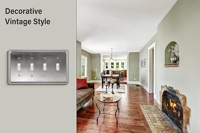 Henne Bery Rope Edge Decorative Wall Plate Switch Plate Outlet Cover (Quad Toggle, Heirloom Silver)