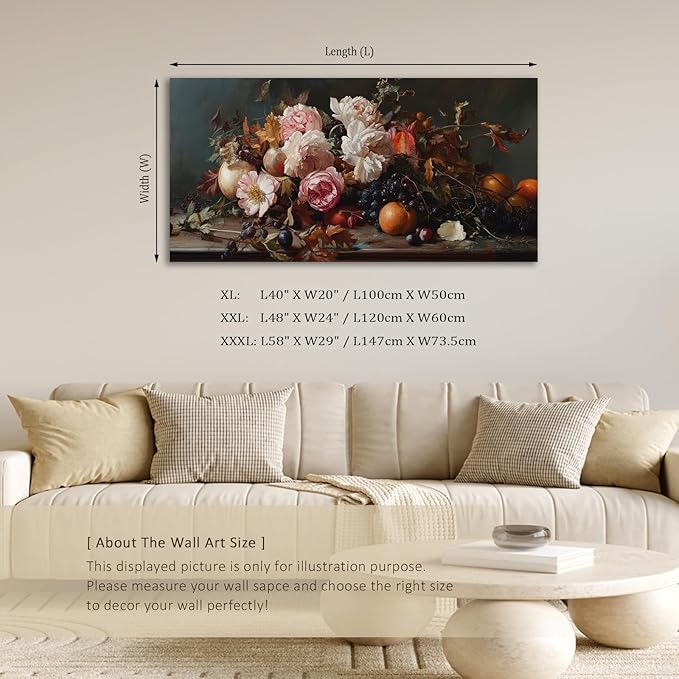 ADJUVANT Wall Art Vintage Floral And Fruit 60" L x 30" W, Peonies With Grapes And Citrus Canvas Painting Prints Graceful Botanic And Fruity Wall Decor for Living Room Bedroom Dining Room Home Office