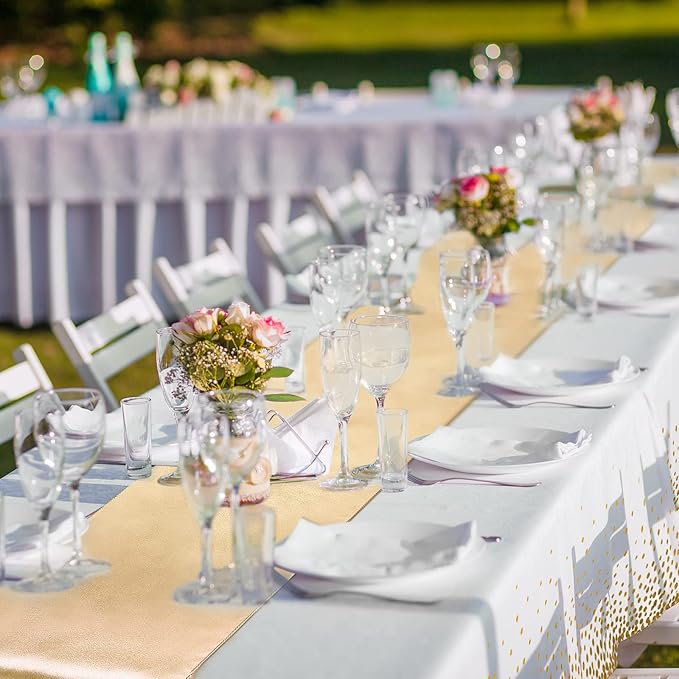 Breling 24 Packs White and Gold Disposable Plastic Tablecloths and Satin Table Runner Set, 54 x 108 Inch Tablecloth, 12 x 108 Inch Table Runners for Wedding Graduation Birthday Baby Shower