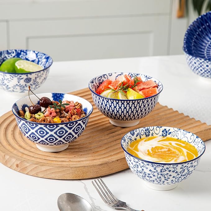 Ceramic Dessert Bowls Set - Small 12 Oz Cereal Bowls - 4.75 Inch Ice Cream Bowls for Fruit, Snack, Side Dishes, Dipping Sauce - Microwave Dishwasher Safe - Set of 6 - Vintage Blue