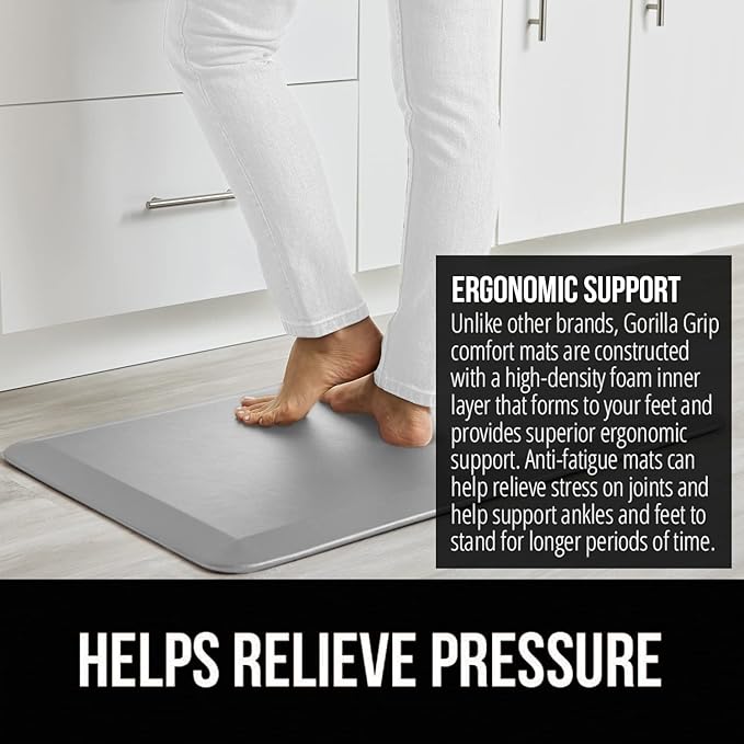 GORILLA GRIP Comfortable Cushioned Kitchen Mats for Floor, Waterproof and Stain Resistant Soft Top, 3/4 Inch Thick Ergonomic Standing Desk Anti Fatigue Mat, Foam Supports Feet, 20x32, Light Gray
