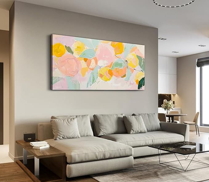 ADJUVANT Wall Art Impressionist Colorful Floral 48"L x 24"W, Bright Blooms With Pastel Leaves Canvas Painting Lively Petals Artwork Prints Floral Wall Decor for Living Room Bedroom Dining Room Home Office