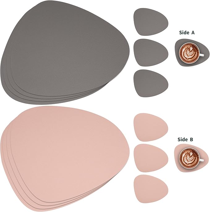 Myir JUN Placemats, Dual-Sided Placemats Waterproof Faux Leather Placemats Set of 6 Place Mats and Coasters Non-Slip Washable Table Mats for Dining Table (Gray Pink, Set of 6)