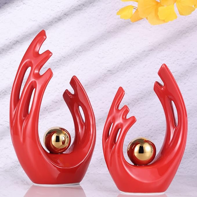 LCCCK 9.5" H Red Gold Aesthetic Room Decor Accent, TV Stand Funky Table Centerpiece, Abstract Art Ceramic Statue and Sculpture, Red Decor for Living Room, Bookshelf Decorative Objects, Shelf Decor