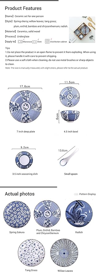 Gegong Blue and White Porcelain Dinnerware Set, Dishes, Bowl, Spoon, Chopsticks, Service for 1, Colorful Glazed Ceramic Set, Gift Box Packaging (Mixing)