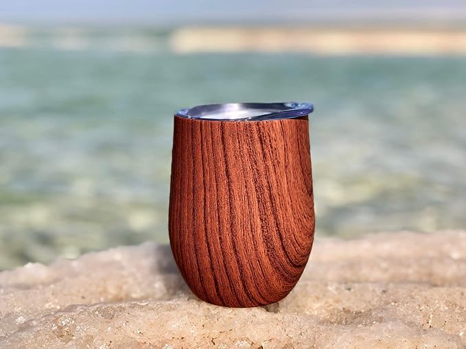 CHILLOUT LIFE 12 oz Stainless Steel Wine Tumblers 2 Pack - Double Wall Vacuum Insulated Wine Glasses Cups with Lids and Straws Set Keeping Cold & Hot for Coffee, Beer, Ice Cream - Wood Pattern