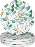 Drinks Coasters Set of 4, Sage Green Plants Round 4" Cup Coasters, Absorbent Ceramic Stone Coasters with Cork Base, Cute Coasters for Table Home Décor, Ideal Gifts for Women Men