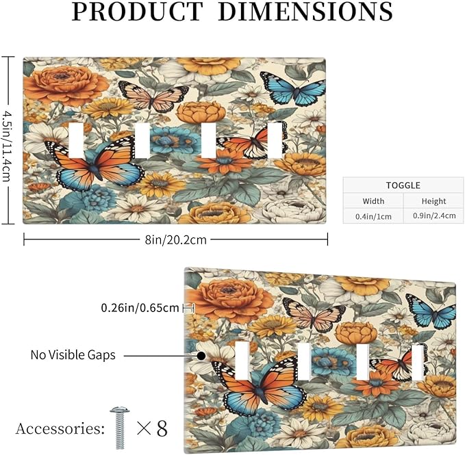 Light Switch Cover Vintage Colorful Floral Butterfly Flowers 4 Gang Switch Plate Quad Toggle Wall Plates Decorative Switchplate Electrical Outlet Cover for Bathroom Bedroom Decor