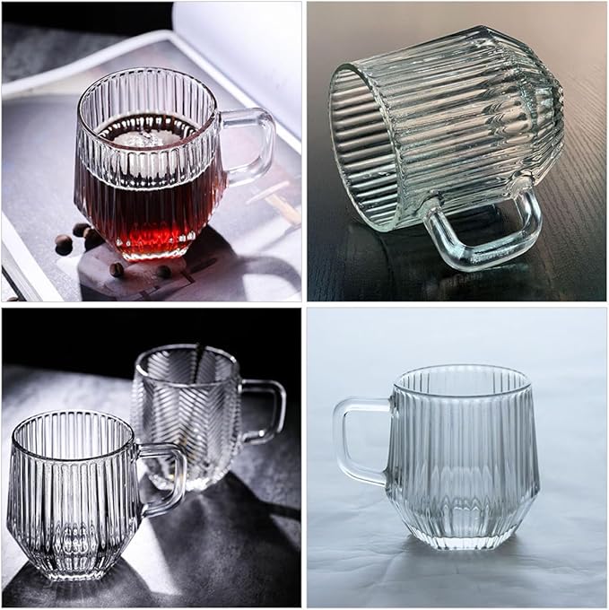 6Pcs Vertical Ribbed Glass Mugs with Handle, Reusable Household Glass Cups for Coffee, Tea, Milk, Orange Juice – Sturdy Glassware Set for Hot and Cold Beverages