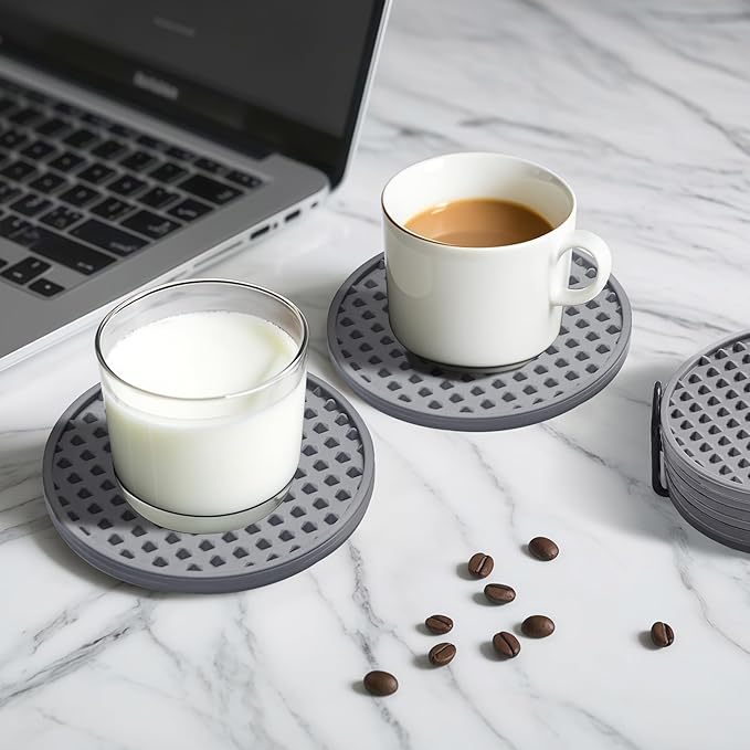 Coasters for Drinks, Silicone Coasters Set of 8 with Metal Holder, Outdoor Coaster for Coffee Table, Non-Slip Rubber Table Cup Mat Desk, Heat Resistant & Scratch-Proof (Grey)