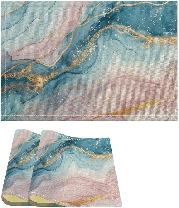 Marble Linen Place Mats Set of 2, 12x17 Inch Modern Luxury Foil Texture Pink Blue Gold Marble Washable Fabric Non-Slip Placemats for Home Dining Table Banquets Party Kitchen Decoration
