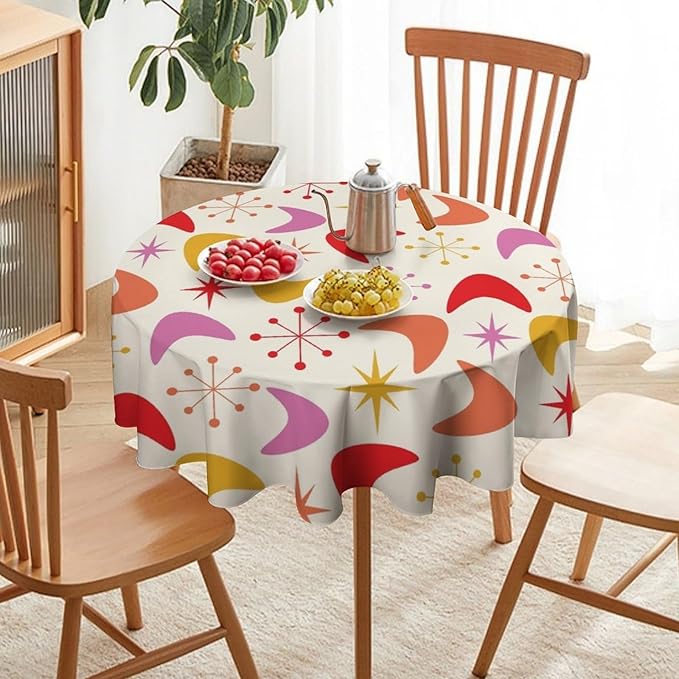 Mid Century Modern Round Tablecloth, Vintage Abstract Colorful Geometrics Modern Art Tablecloth for Home Party Dining Room Kitchen Decor 60Inch(152cm)