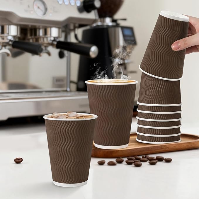 500 Pack 12 oz Coffee Cups, Disposable Corrugated Insulated Ripple Wall Paper Coffee Cups 12oz for Hot or Cold Drinks Office Home Cafe Party Travel (Brown)
