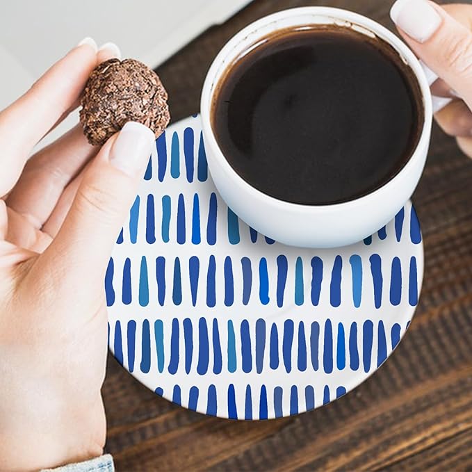 Blue White Geometric Ceramic Coasters with Holder Set of 6, Abstract Dahlia Modern Art Absorbent Drink Cup Mat for Coffee Table Protection, 4'' Minimalist Home Kitchen Decor Housewarming Gifts