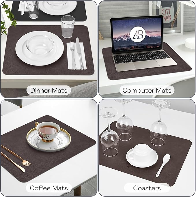 AAPLKER Faux Leather Placemats Set of 6, Vinyl Placemats Wipeable Waterproof Oil-Proof Table Mats, Heat Resistant Place Mats for Kitchen Indoor Outdoor, 16.9 x 11.8 inches (Choco Brown/Black)