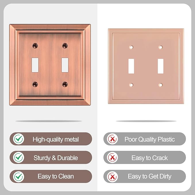 Metal Wall Plate for Electrical Outlets, Decorative Antique Copper Switch Plates Outlet Cover, Light Switch Cover Plate, 2-Gang Wall Plates (Double Toggle, 2 Pack)