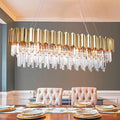 L43.3 Modern Rectangle Crystal Chandelier Gold Linear Pendant Ceiling Light Fixture for Dining Room Contemporary Oval Raindrop Chandeliers Lighting for Kitchen Island 13-Light